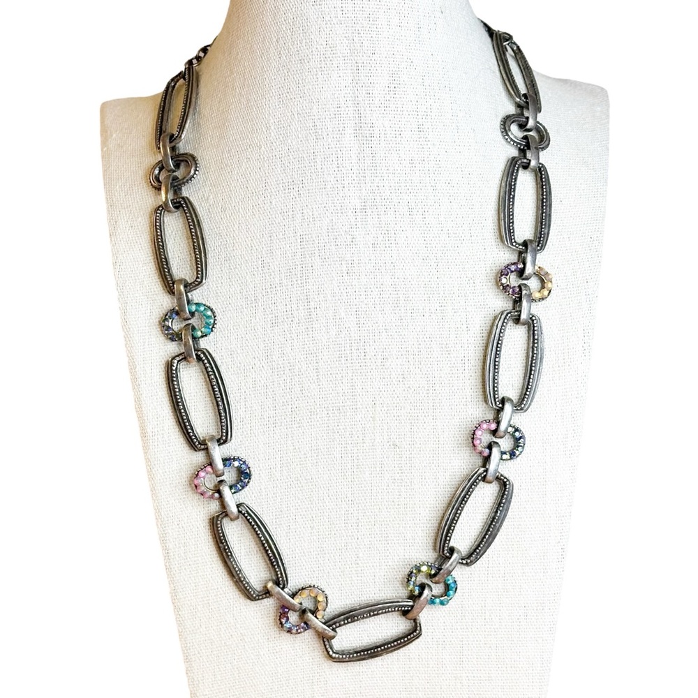 Chico's AB Rhinestone Pewter Rectangle Chain Link Statement Necklace - Picture 1 of 7